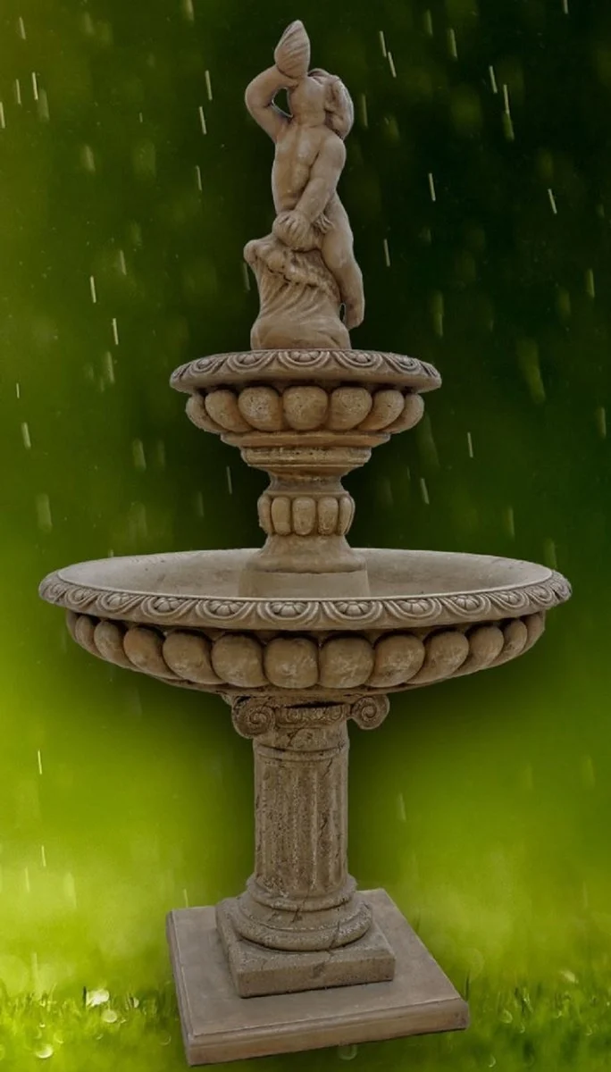 Casa Padrino Barock Gartenbrunnen Junge mit Muschel Dunkelgrau Ø 114 x H. 220 cm - 2 Stufiger Springbrunnen - Gartendeko Brunnen