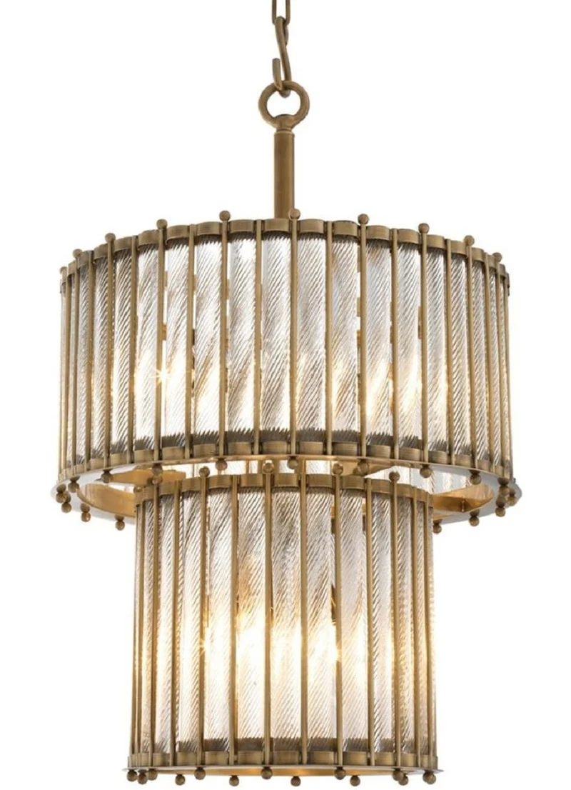 Casa Padrino Luxus Hängeleuchte Antik Messingfarben Ø 52,5 x H. 83 cm - Runde Messing Pendelleuchte mit handgemachtem Glas