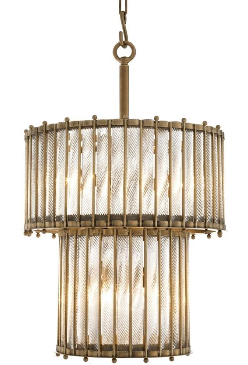 Casa Padrino Luxus Hängeleuchte Antik Messingfarben Ø 52,5 x H. 83 cm - Runde Messing Pendelleuchte mit handgemachtem Glas