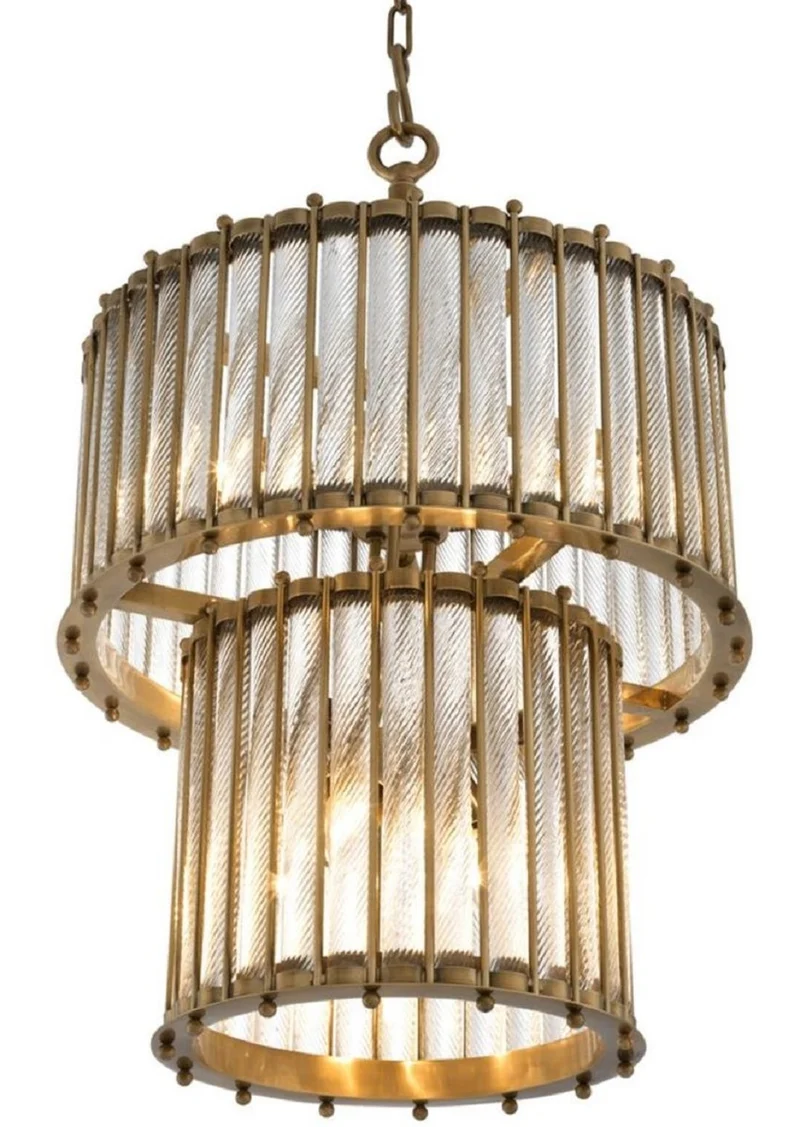 Casa Padrino Luxus Hängeleuchte Antik Messingfarben Ø 52,5 x H. 83 cm - Runde Messing Pendelleuchte mit handgemachtem Glas