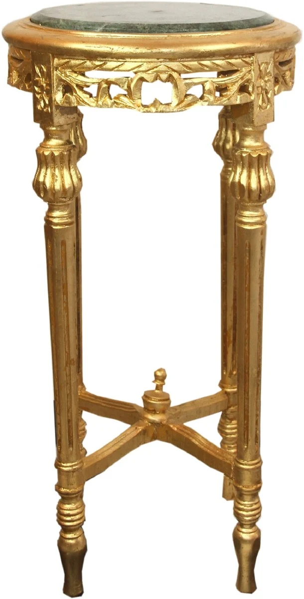 Casa Padrino Barock Beistelltisch mit Marmorplatte Gold / Grün Ø 37 x H. 71 cm - Runder handgeschnitzter Antik Stil Telefontisch Blumentisch mit wunderschönen Verzierungen
