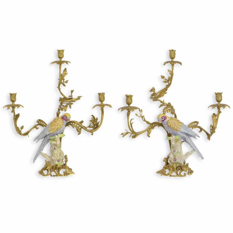 Casa Padrino Jugendstil Kerzenhalter Set Papageien Messing / Bunt H. 65 cm