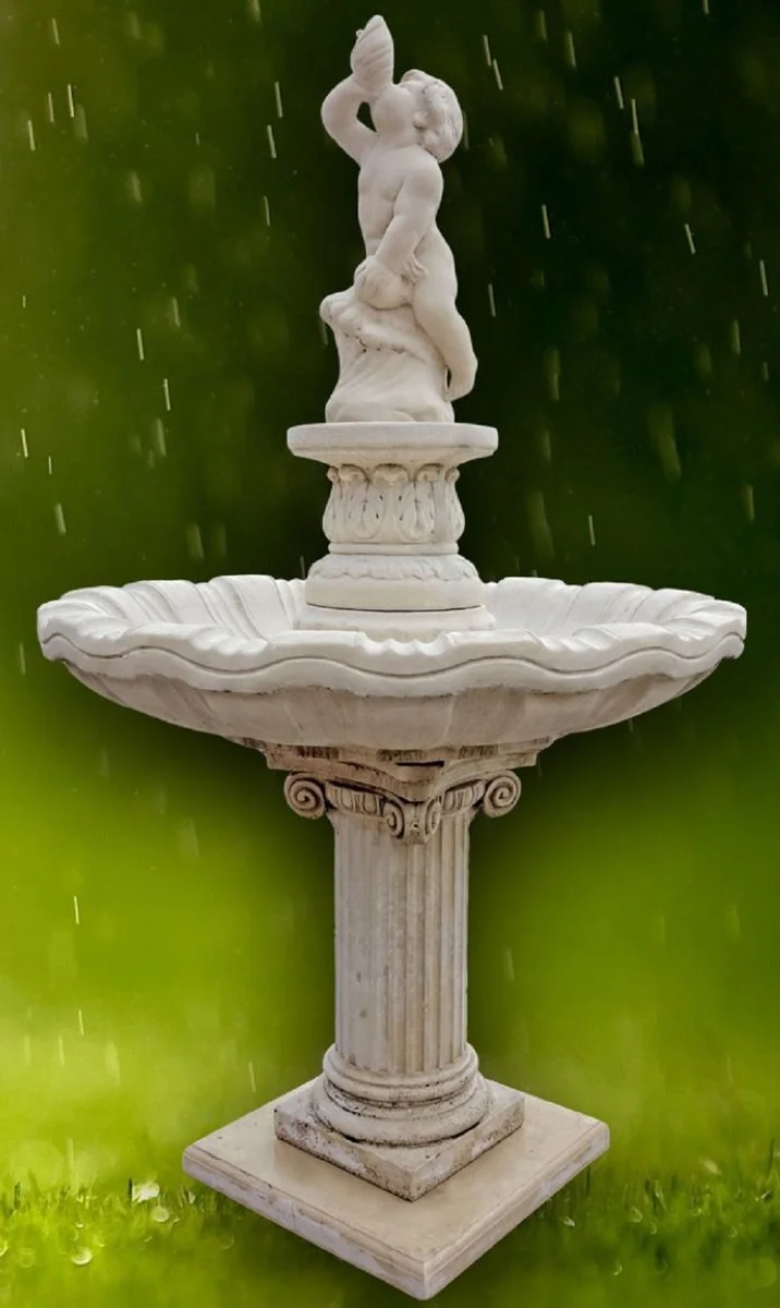 Casa Padrino Jugendstil Gartenbrunnen / Springbrunnen Junge mit Muschel Grau Ø 125 x H. 212 cm - Barock & Jugendstil Gartendeko Accessoires