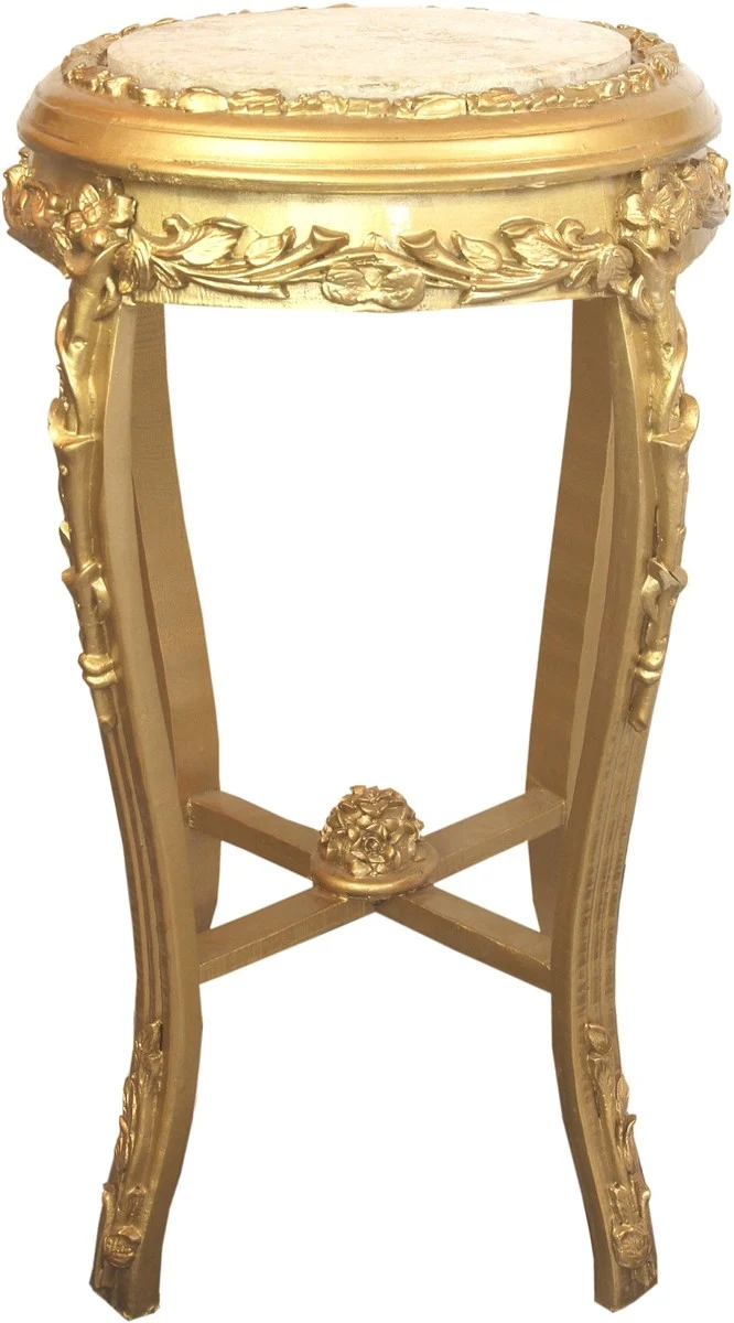 Casa Padrino Barock Beistelltisch mit Marmorplatte Gold / Creme Ø 45 x H. 71,5 cm - Runder handgeschnitzter Antik Stil Telefontisch Blumentisch mit wunderschönen Verzierungen
