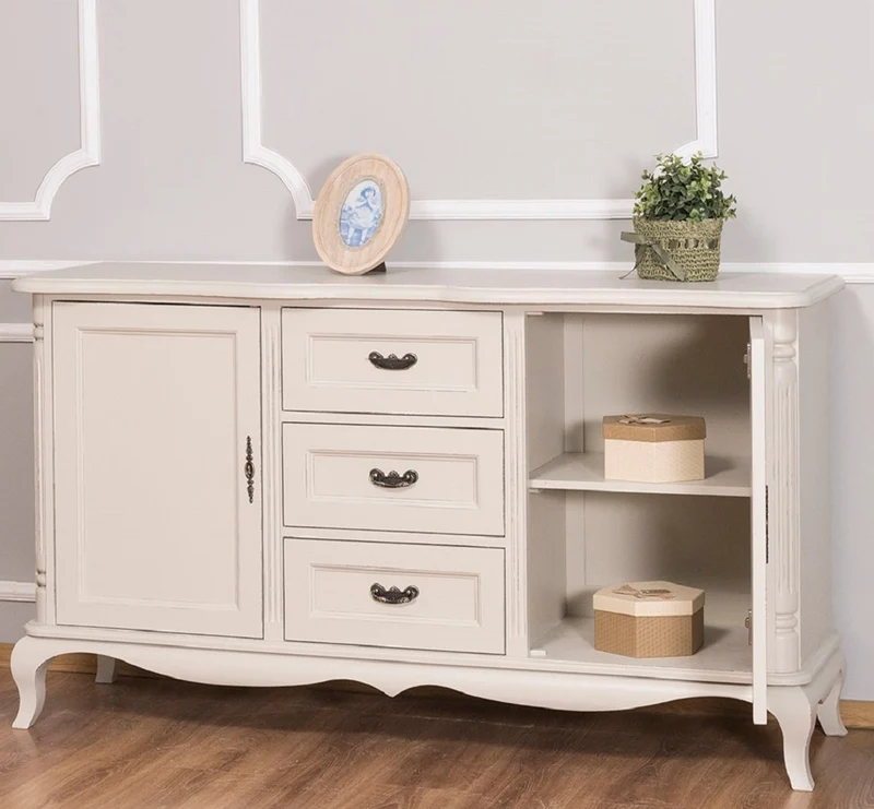 Casa Padrino Landhausstil Sideboard mit 2 Türen und 3 Schubladen Antik Hellgrau 158 x 48 x H. 89 cm - Landhausstil Möbel