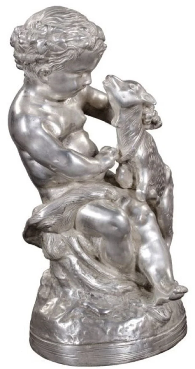 Casa Padrino Luxus Bronzefigur Engel mit Lamm Silber 21 x 20 x H. 38 cm - Deko Bronze Skulptur