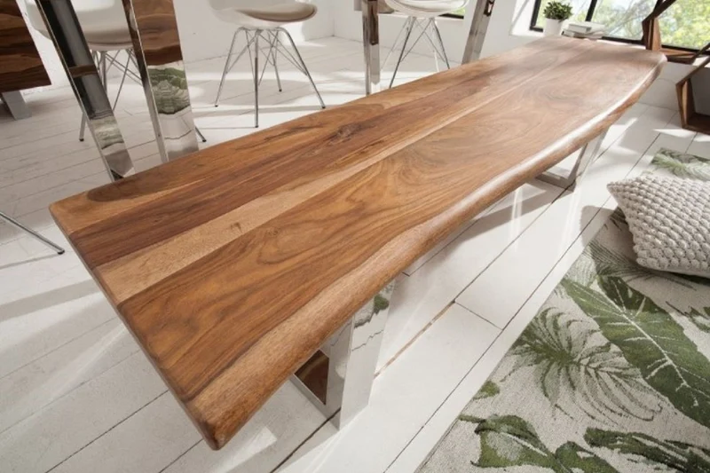 Casa Padrino Designer Sitzbank Braun / Silber 180 x 45 x H. 45 cm - Luxus Sitzbank mit massivem Sheesham Holz und polierten Edelstahl Beinen