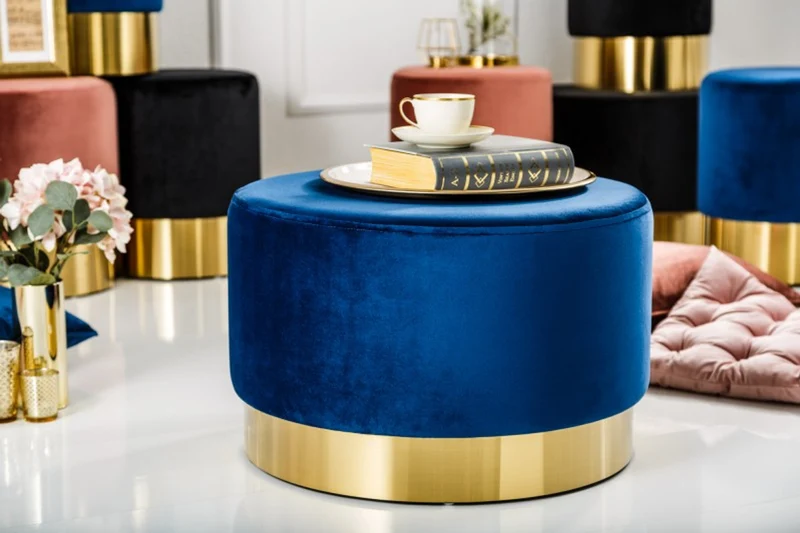 Casa Padrino Designer Rundhocker Blau / Gold B. 55 x H. 35 cm - Wohnzimmer Möbel