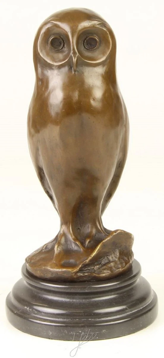 Casa Padrino Luxus Bronzefigur junge Eule mit Marmorsockel Bronze / Schwarz Ø 12,1 x H. 24,7 cm - Luxus Dekofigur