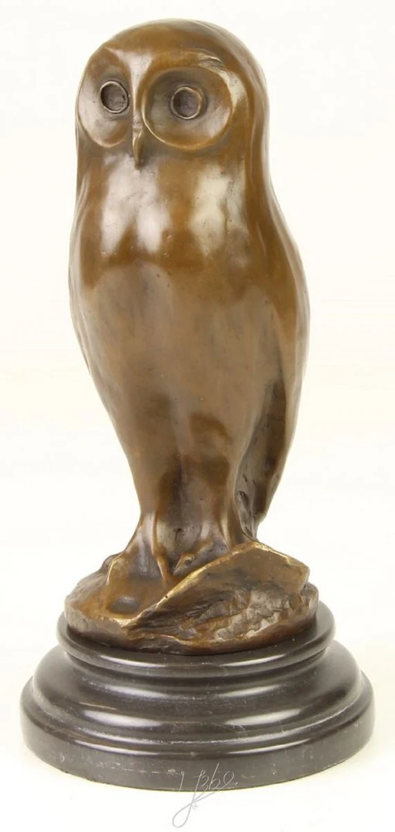 Casa Padrino Luxus Bronzefigur junge Eule mit Marmorsockel Bronze / Schwarz Ø 12,1 x H. 24,7 cm - Luxus Dekofigur