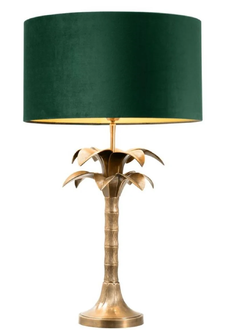Casa Padrino Luxus Tischleuchte Vintage Messingfarben / Grün Ø 45 x H. 76 cm - Wohnzimmerlampe im Palmen Design