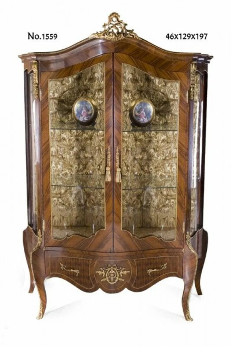 Casa Padrino Barock Vitrine im prachtvollen Stil, Massivholz dunkelbraun und gold, 129 x 46 x H. 197 cm