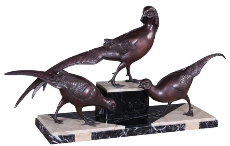 Casa Padrino Luxus Deko Bronzefiguren 3 Fasane Bronze / Schwarz / Weiß 84 x 20 x H. 42 cm - Dekofiguren mit Marmorsockel
