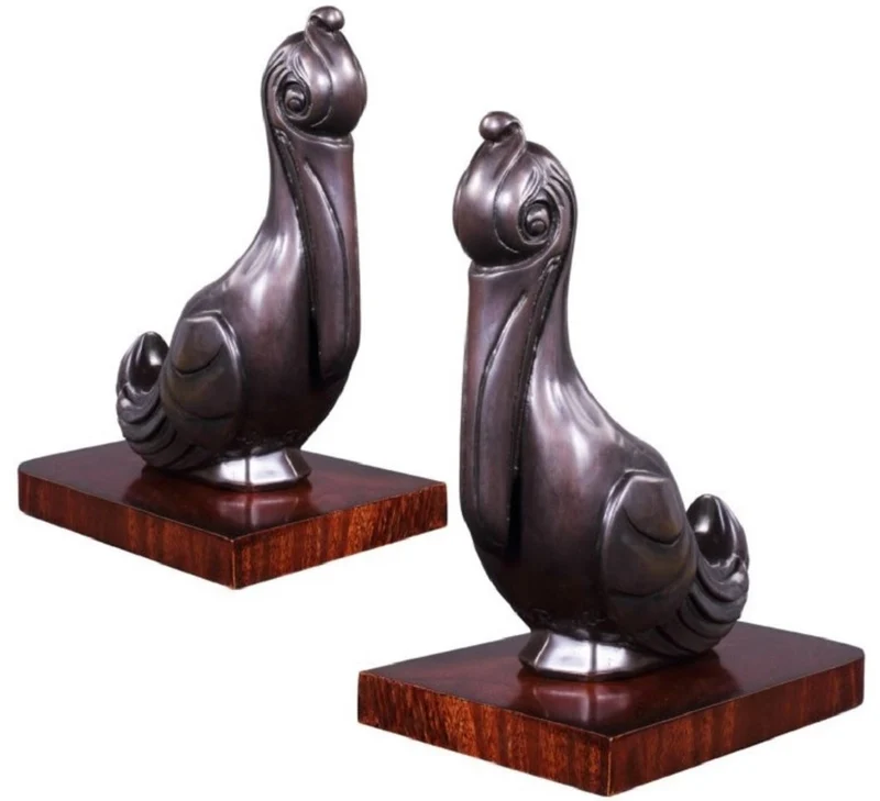 Casa Padrino Luxus Buchstützen Set Pelikane Bronze / Braun 18 x 12 x H. 22 cm - Deko Bronzefiguren mit Holzsockel