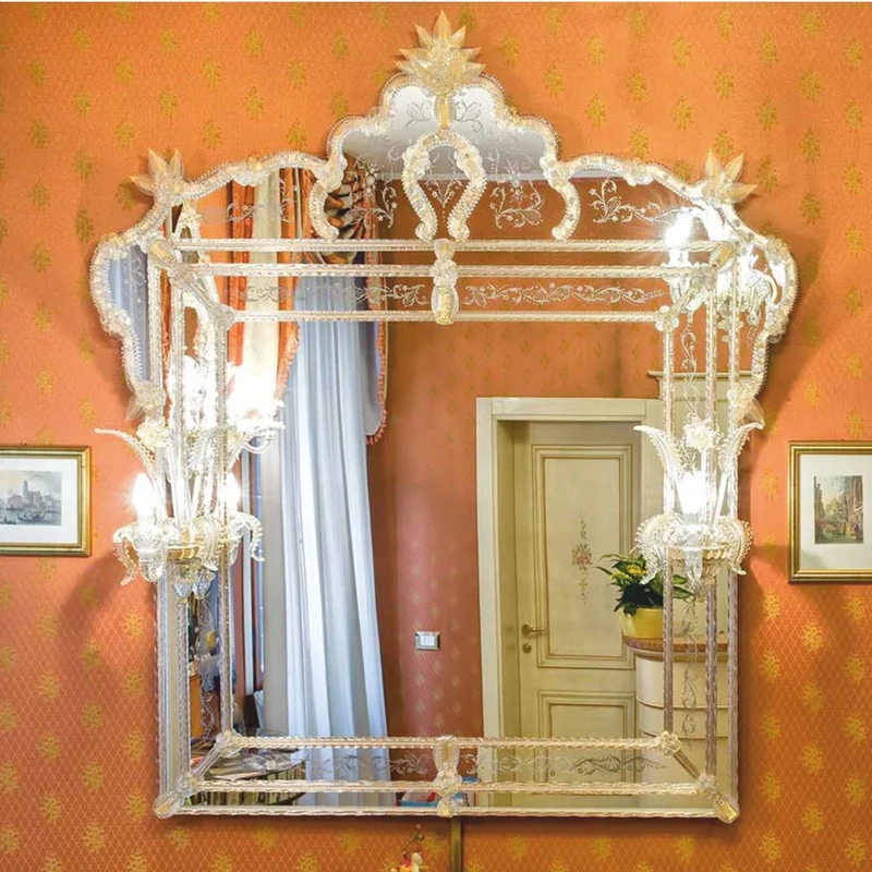 Casa Padrino Luxus Barock Spiegel mit 2 Wandleuchten Gelb 150 x H. 160 cm - Made in Italy