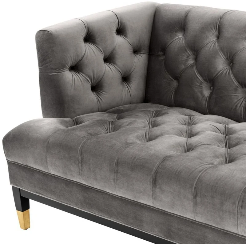 Casa Padrino Luxus Wohnzimmer Sofa Grau / Schwarz / Messingfarben 230 x 85 x H. 79 cm - Chesterfield Samtsofa