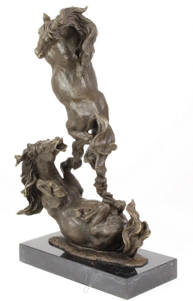Casa Padrino Luxus Bronze Skulptur Kämpfende Pferde Bronze / Schwarz 33 x 14,3 x H. 51 cm - Deko Bronzefigur mit Marmorsockel