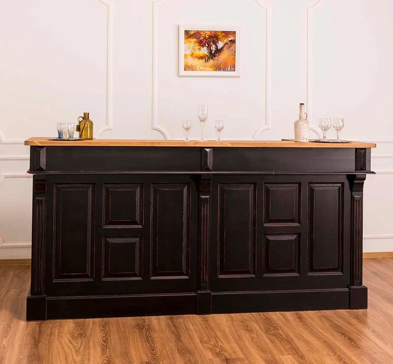 Casa Padrino Landhausstil Thekenschrank Antik Schwarz / Naturfarben 240 x 65 x H. 107 cm - Ladentheke mit Schubladen und Ablagefächer