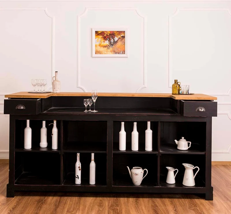 Casa Padrino Landhausstil Thekenschrank Antik Schwarz / Naturfarben 240 x 65 x H. 107 cm - Ladentheke mit Schubladen und Ablagefächer