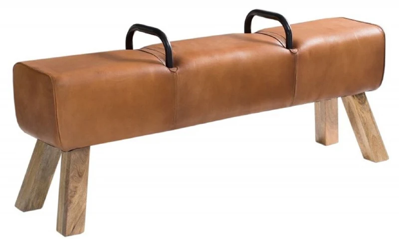Casa Padrino Luxus Sitzbank Braun / Naturfarben / Schwarz 134 x 35 x H. 60 cm - Echtleder Sitzbank in Turnbock Optik