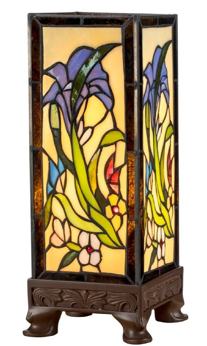 Casa Padrino Luxus Tiffany Tischleuchte Braun / Mehrfarbig 13 x 13 x H. 37 cm - Handgefertigt aus 327 Teilen
