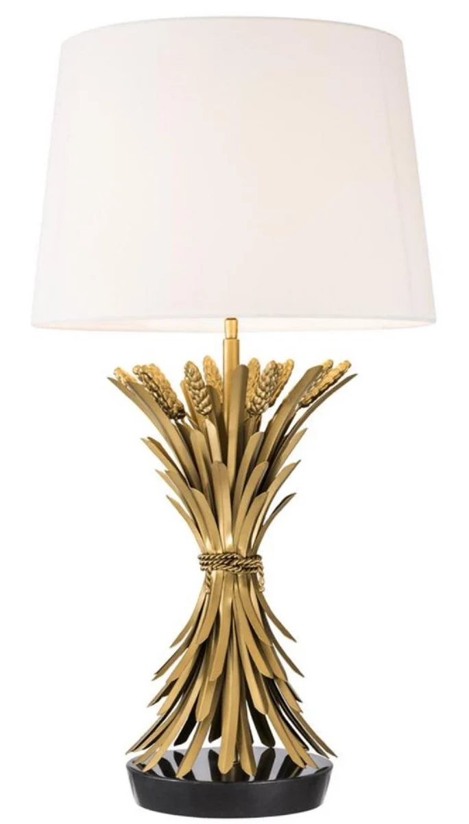 Casa Padrino Luxus Tischleuchte Antik Gold / Schwarz / Weiß Ø 45 x H. 85 cm - Designer Tischlampe mit Granitsockel & Lampenschirm