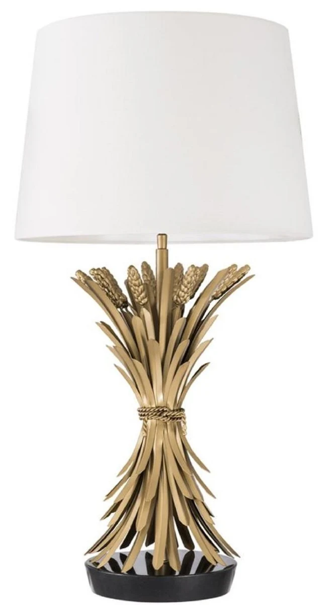 Casa Padrino Luxus Tischleuchte Antik Gold / Schwarz / Weiß Ø 45 x H. 85 cm - Designer Tischlampe mit Granitsockel & Lampenschirm