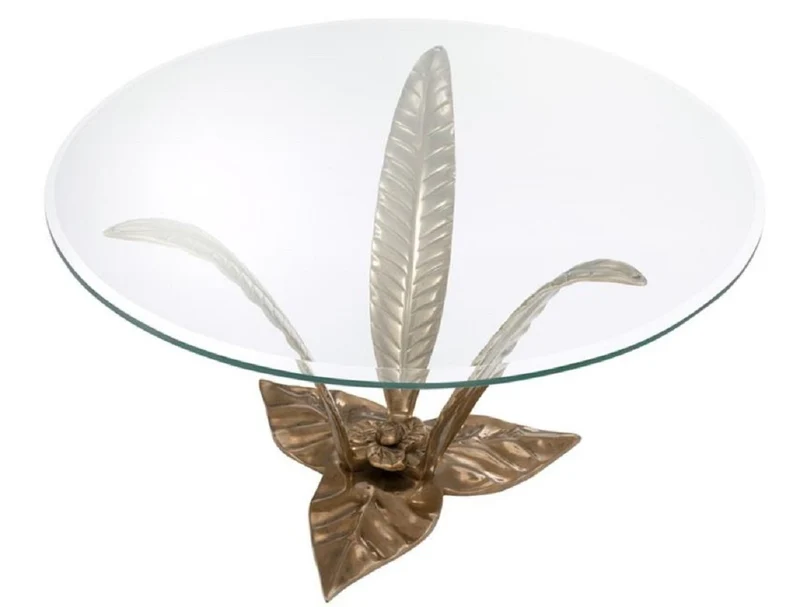 Casa Padrino Luxus Couchtisch Vintage Messingfarben Ø 85 x H. 45 cm - Designer Wohnzimmertisch mit Glasplatte