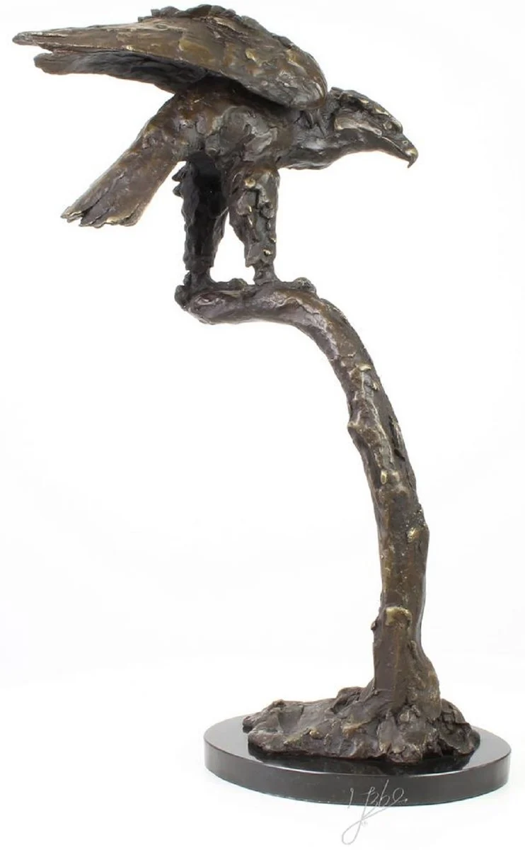 Casa Padrino Luxus Adler Bronzefigur Grau / Gold / Schwarz 44,4 x 28,8 x H. 71,5 cm - Dekofigur mit Marmorsockel