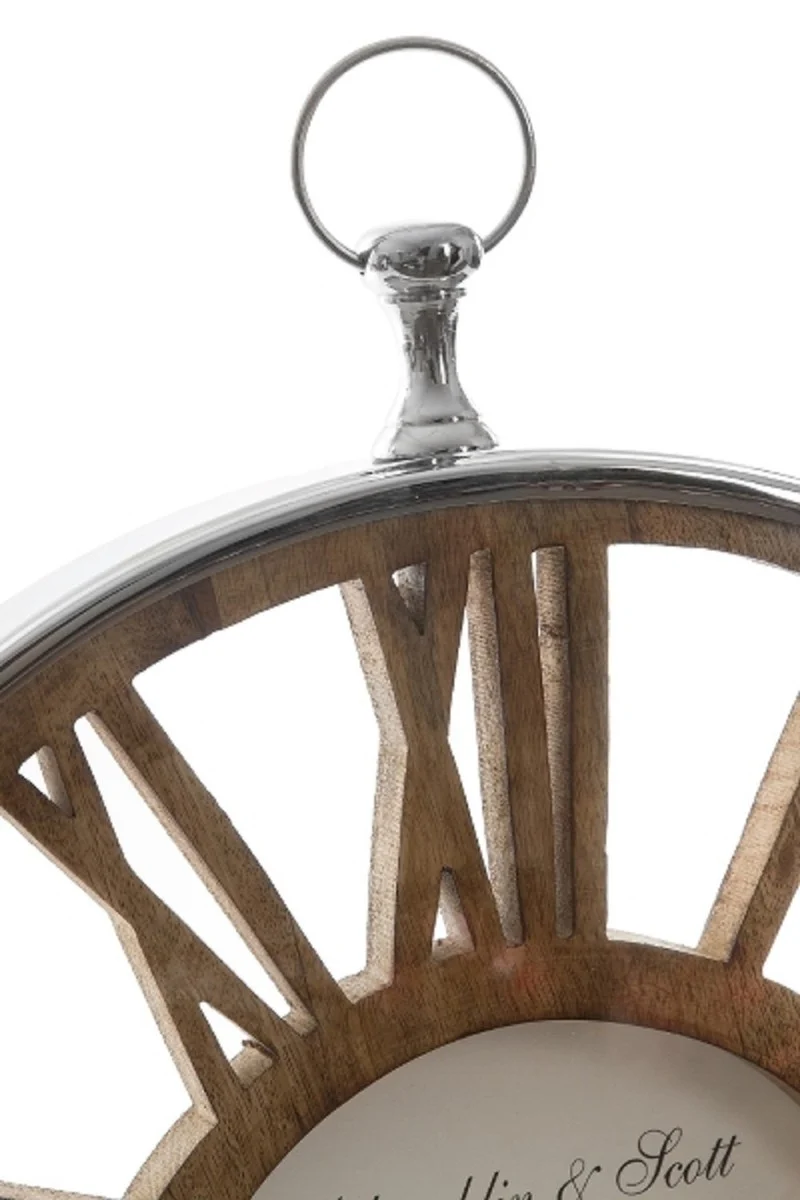 Casa Padrino Luxus Wanduhr im Design einer antiken Taschenuhr Silber / Naturfarben Ø 50 cm - Dekorative runde Uhr mit einem Ziffernblatt aus unbehandeltem Holz