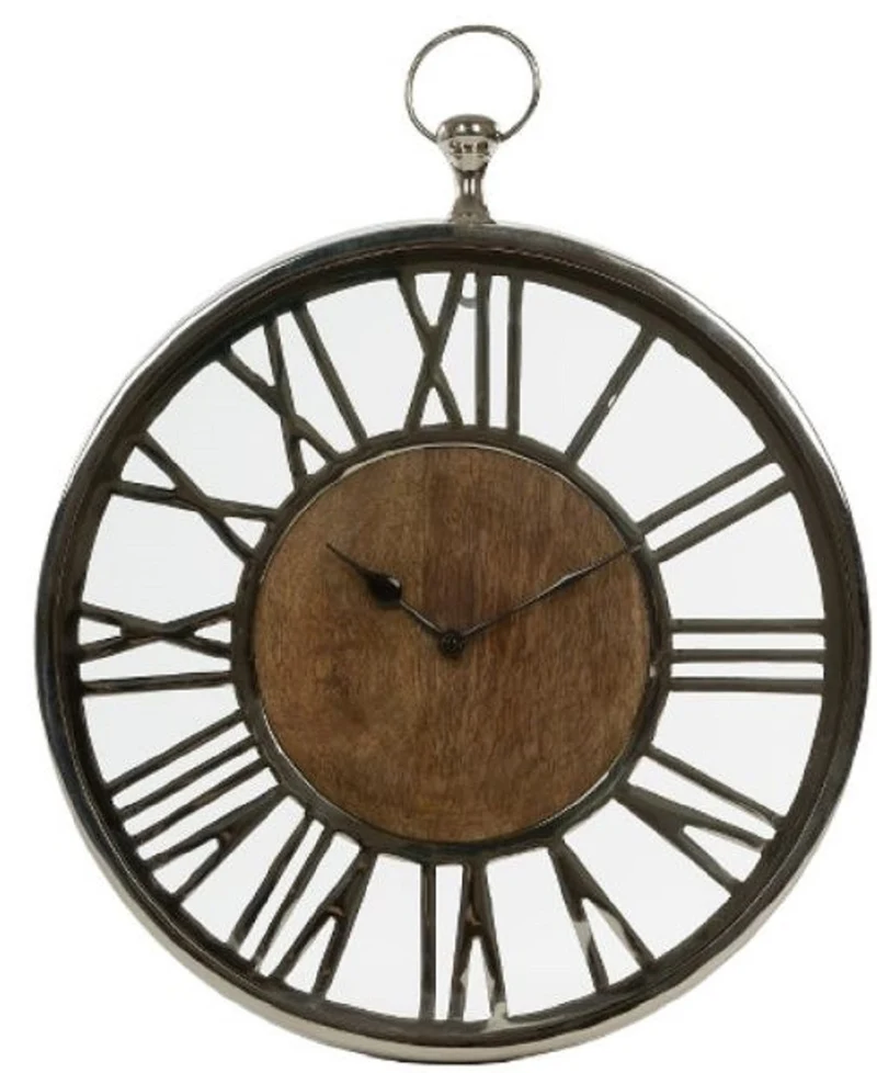 Casa Padrino Luxus Wanduhr im Design einer antiken Taschenuhr Silber / Naturfarben Ø 45 cm - Dekorative runde Uhr mit einem Ziffernblatt aus unbehandeltem Holz