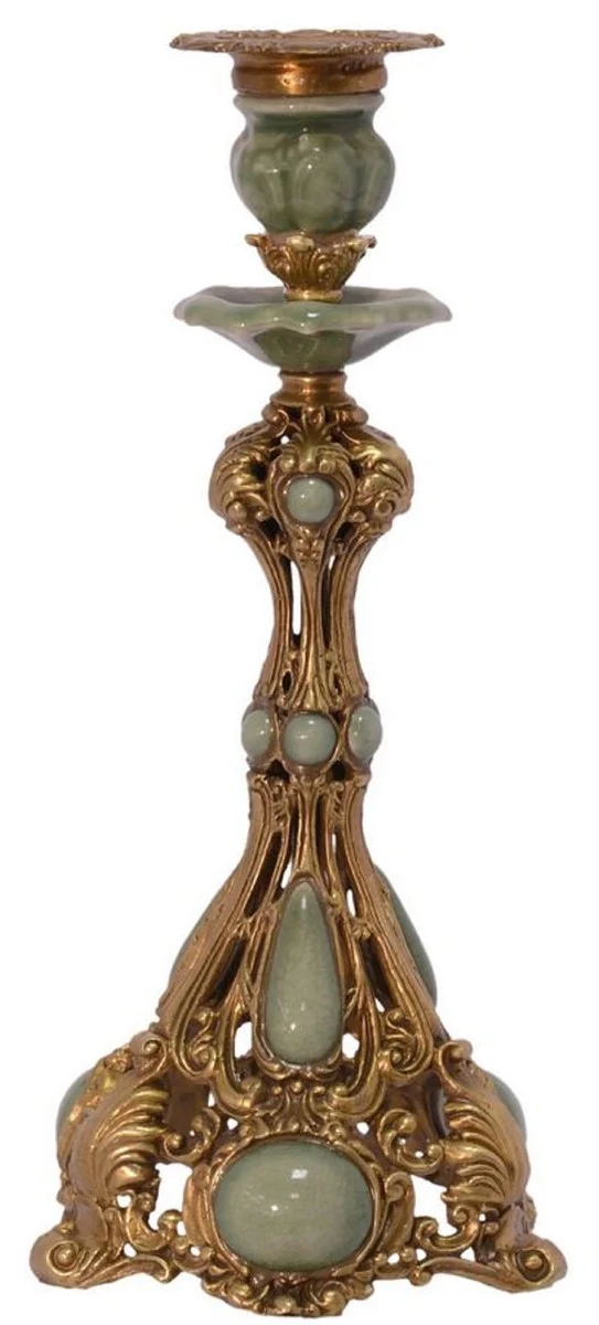 Casa Padrino Jugendstil Kerzenständer Messing / Grün 15,2 x 15,2 x H. 31,8 cm - Barock & Jugendstil Deko Accessoires