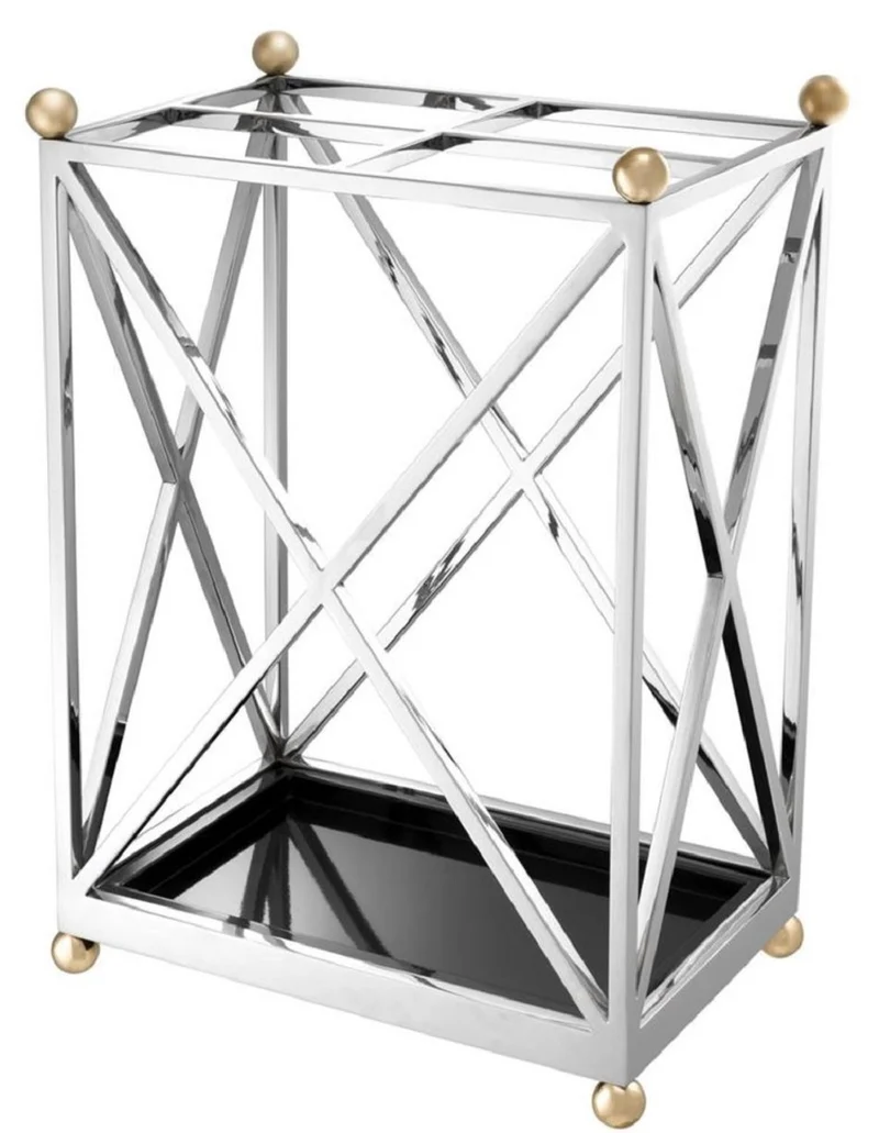 Casa Padrino Luxus Schirmständer Silber / Messingfarben / Schwarz 41,5 x 26,5 x H. 58 cm - Luxus Accessoires
