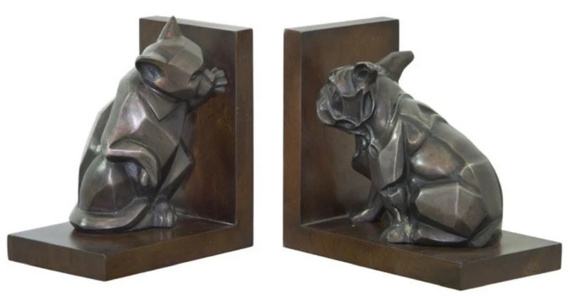 Casa Padrino Luxus Buchstützen Set Katze & Hund Bronze / Braun 18 x 18 x H. 10 cm - Deko Bronzefiguren mit Holzsockel