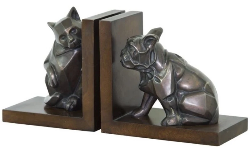 Casa Padrino Luxus Buchstützen Set Katze & Hund Bronze / Braun 18 x 18 x H. 10 cm - Deko Bronzefiguren mit Holzsockel