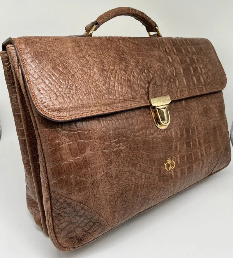 Casa Padrino Luxus Echtleder Herren Aktentasche in Kroko Optik Braun / Gold 42 cm - Made in Italy