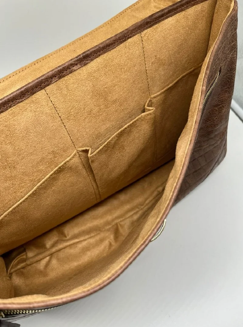 Casa Padrino Luxus Echtleder Herren Aktentasche in Kroko Optik Braun / Gold 42 cm - Made in Italy