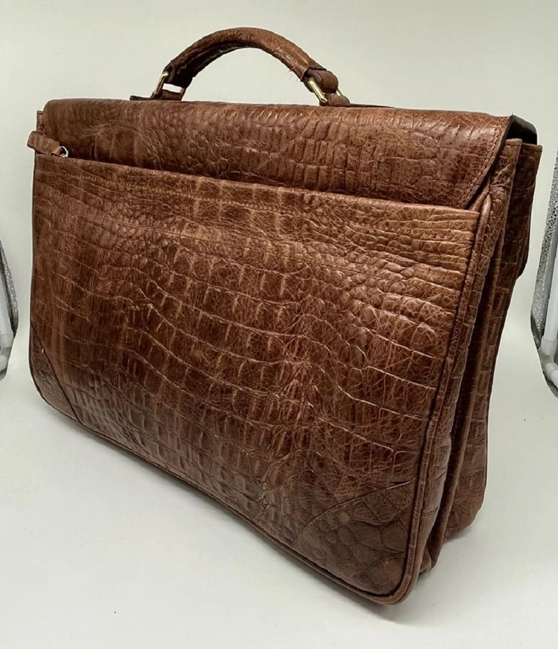 Casa Padrino Luxus Echtleder Herren Aktentasche in Kroko Optik Braun / Gold 42 cm - Made in Italy