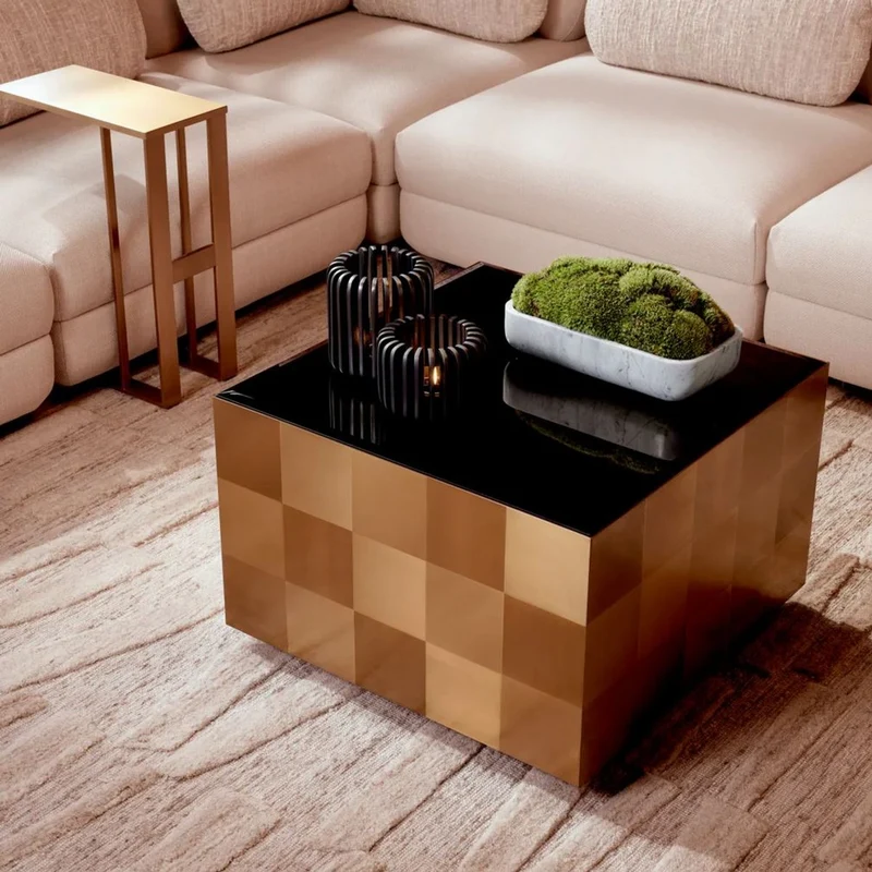 Casa Padrino Luxus Couchtisch mit Glasplatte Messing / Schwarz 70 x 70 x H. 47,5 cm