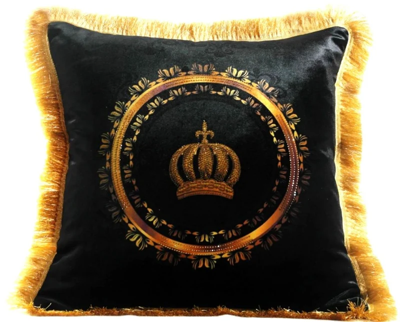 Harald Glööckler Luxus Deko Kissen Pompöös by Casa Padrino Luxus Krone mit Strass Steinen Schwarz / Gold - Feinster Samtstoff - Glööckler Kissen
