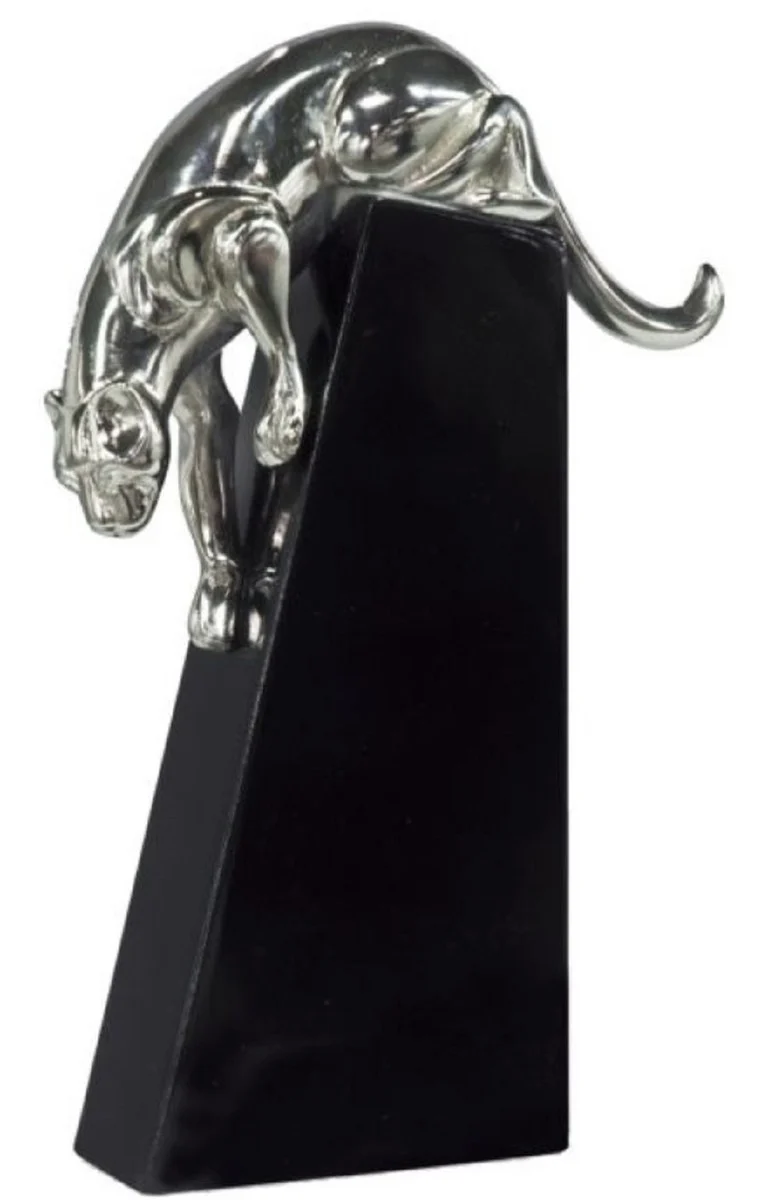 Casa Padrino Luxus Bronzefigur Panther Silber / Schwarz 17 x 6 x H. 28 cm - Elegante Dekofigur auf Holzsockel