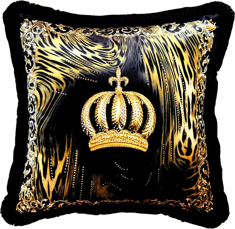 Harald Glööckler Luxus Deko Kissen Pompöös by Casa Padrino Krone & Flammen mit Strass Steinen Schwarz / Gold - Feinster Samtstoff - Glööckler Kissen
