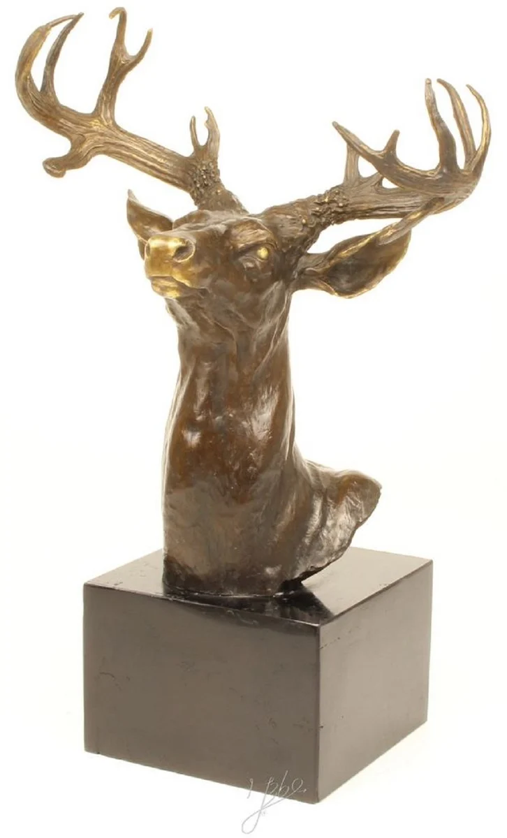 Casa Padrino Luxus Hirschkopf Bronzefigur Bronze / Gold / Grau H. 50 cm - Elegante Dekofigur mit Marmorsockel