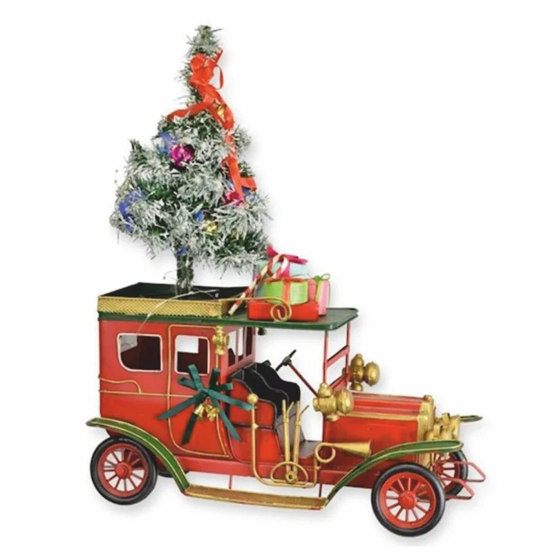 Casa Padrino Deko Blech Weihnachts Oldtimer Auto Rot / Grün / Gold H. 46,6 cm - Weihnachts Dekoration