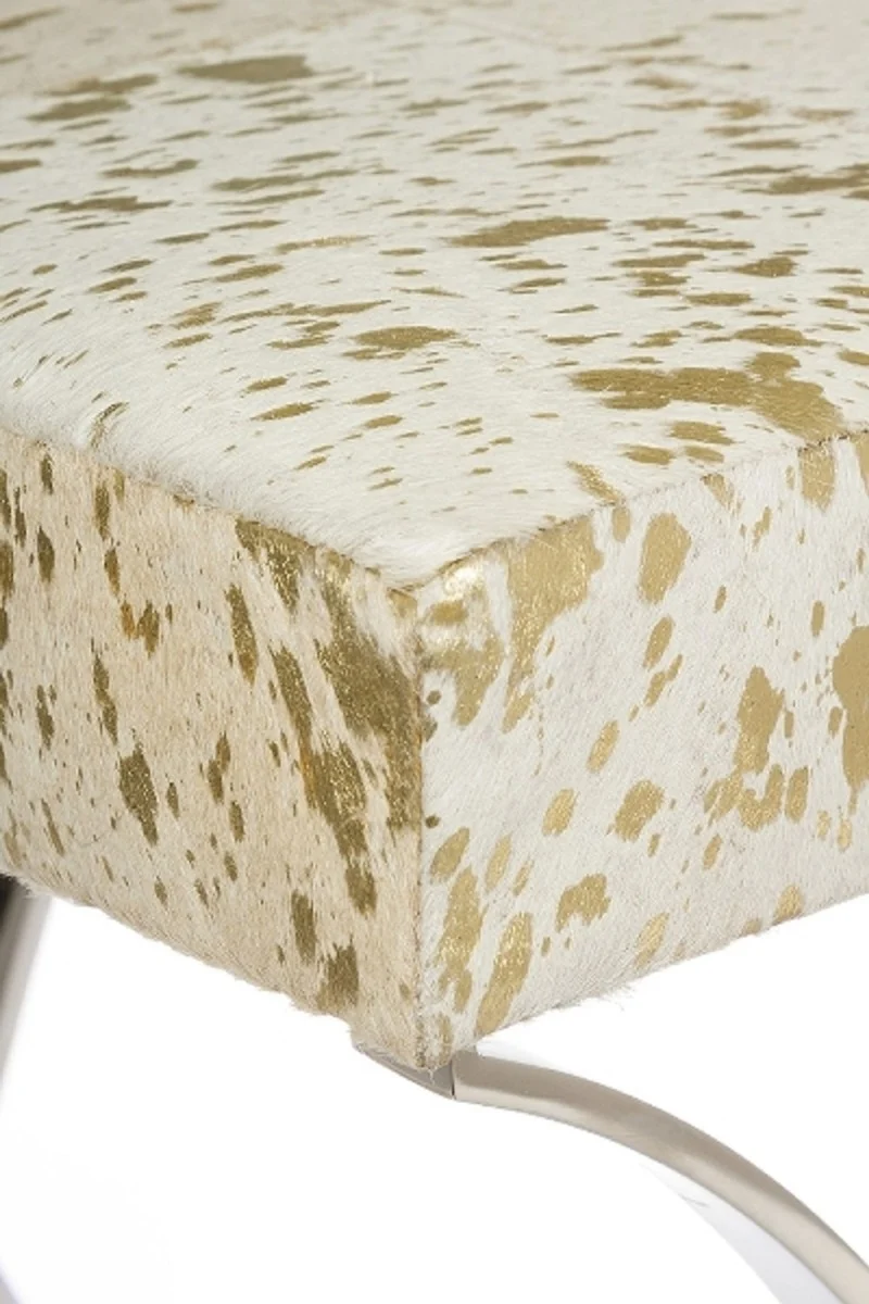 Casa Padrino Designer Kunstfell Hocker Weiß / Gold / Silber 40 x 33 x H. 45 cm - Designer Möbel