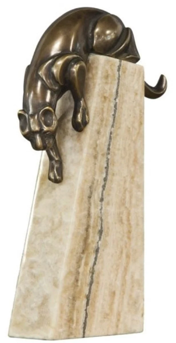 Casa Padrino Luxus Bronzefigur Panther Bronze / Beige 17 x 6 x H. 28 cm - Elegante Dekofigur auf Natursteinsockel