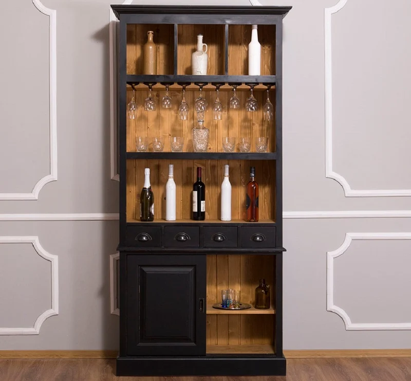 Casa Padrino Landhausstil Weinschrank Schwarz / Naturfarben 103 x 36 x H. 210 cm - Barschrank im Landhausstil