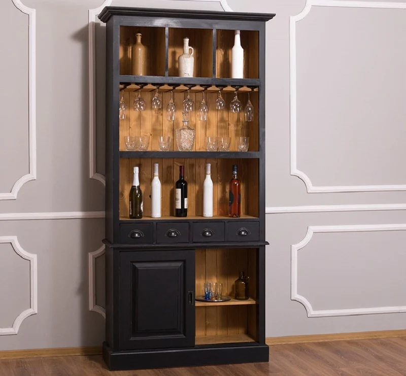 Casa Padrino Landhausstil Weinschrank Schwarz / Naturfarben 103 x 36 x H. 210 cm - Barschrank im Landhausstil