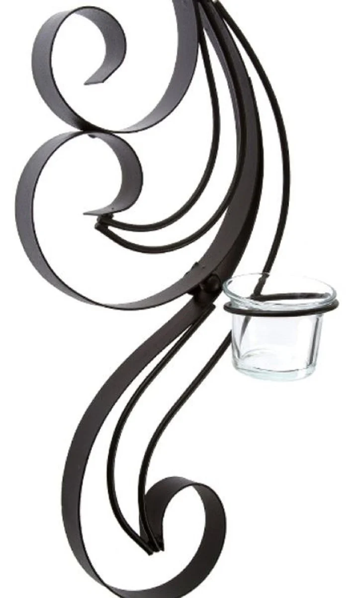 Casa Padrino Designer Wandteelichthalter Schwarz 16 x 9 x H. 74 cm - Metall Wanddeko mit Teelichthaltern aus Glas