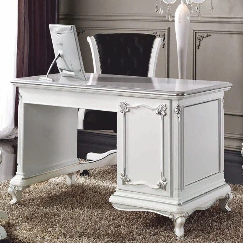 Casa Padrino Luxus Barock Schreibtisch Weiß / Silber 126 cm - Barock Büro Möbel - Made in Italy